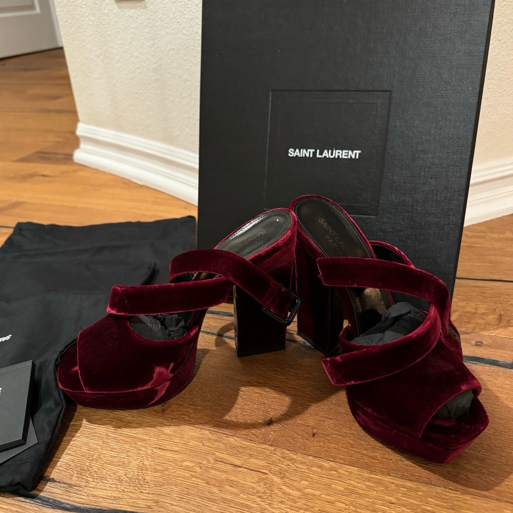 saint laurent burgundy velvet heels peep toe